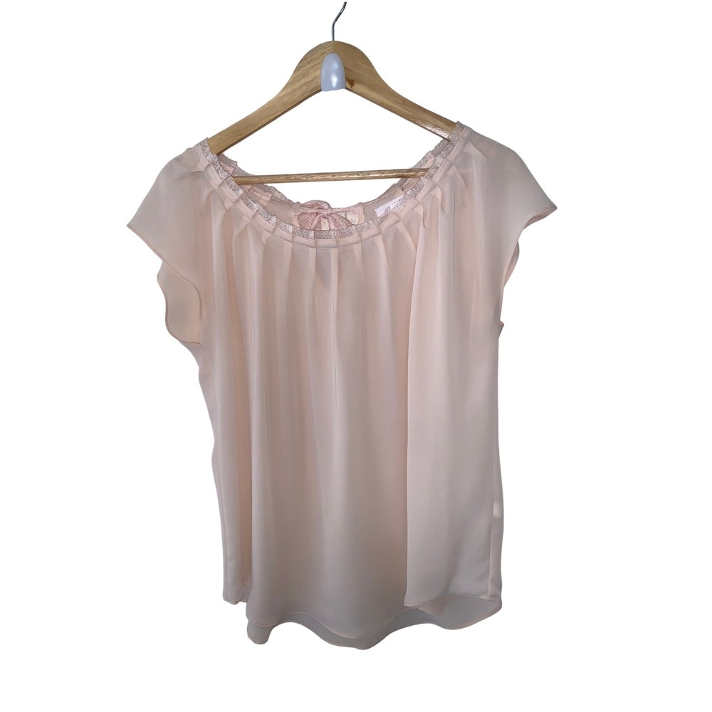 LC Lauren Conrad‎ Womens Medium Peach Chiffon Flutter Sleeve Tie Back Blouse Top